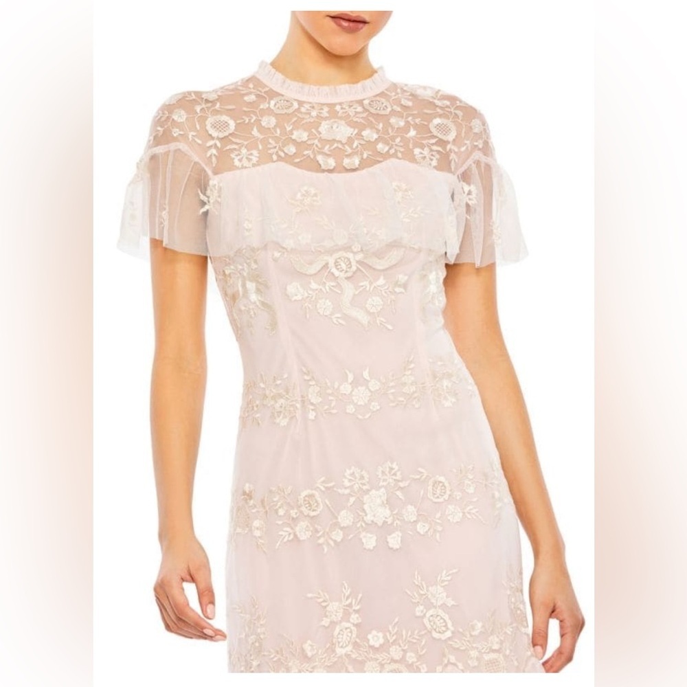 NWT Mac Duggal #35147 Sheer Neck Flutter Sleeve Dress in Blush - Picture 3 of 12